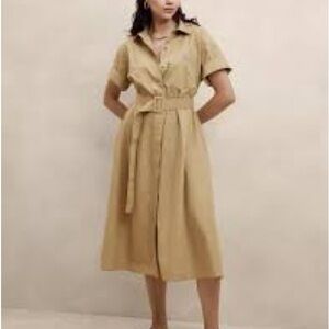 Tahari Linen Blend Elegant Tan Shirt Dress Size XS